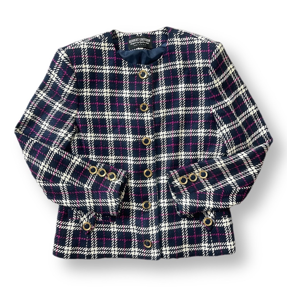 Vintage Herbert Grossman Plaid Houndstooth Purple Navy Blazer